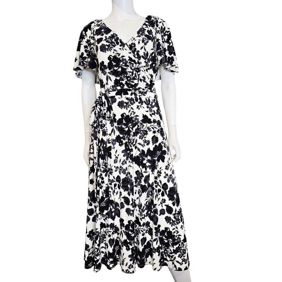 Lauren Ralph Lauren Black White Floral Wrap Midi Dress Size 10 - Picture 1 of 11